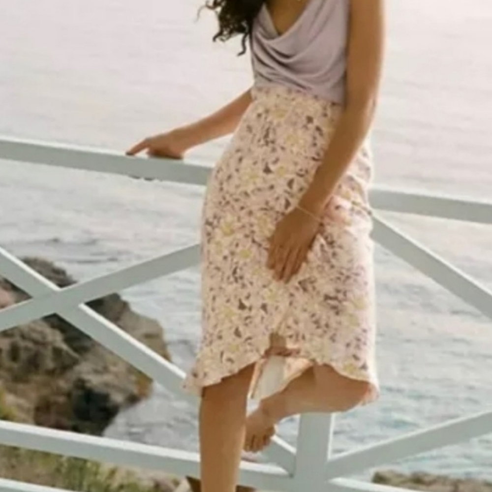 Anthropologie Floral Midi Skirt - Cream and Pink